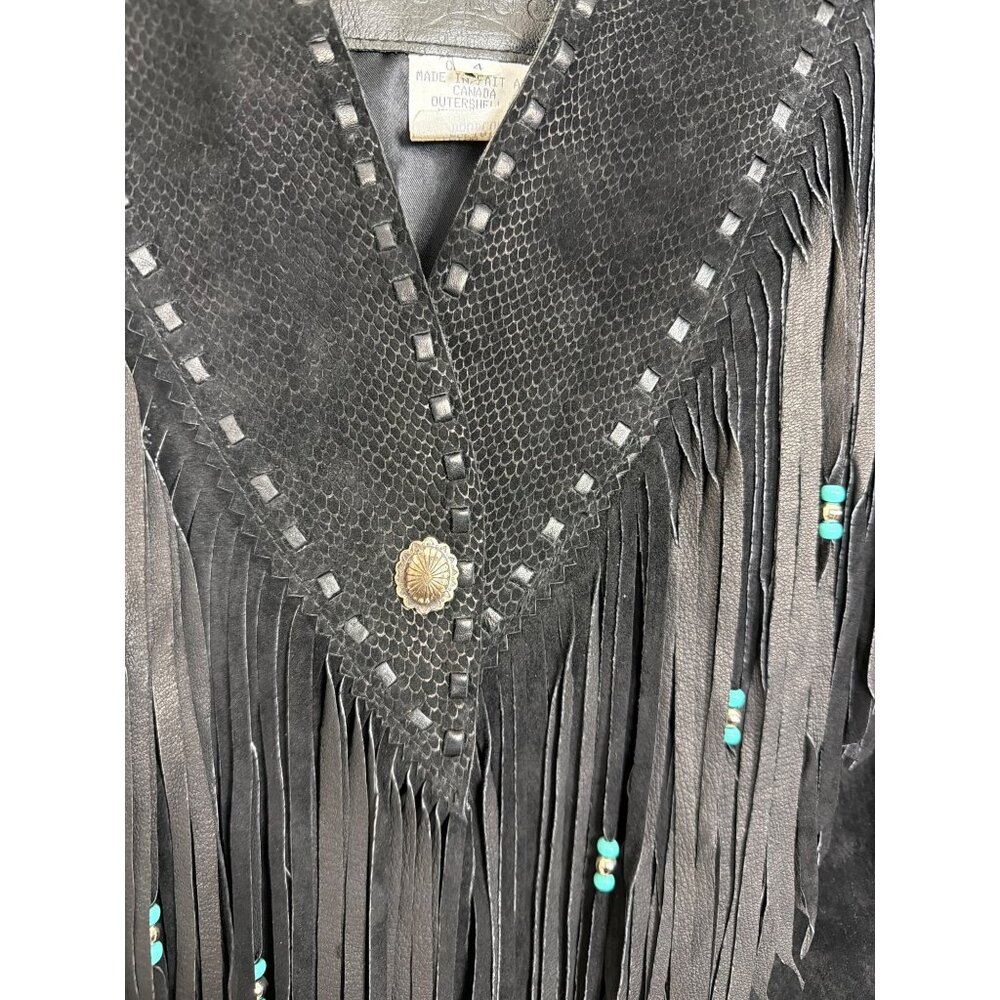 Vintage Womens Genuine Leather Black Fringe Jacket With Turquoise Bead Accents S - Picture 7 of 16